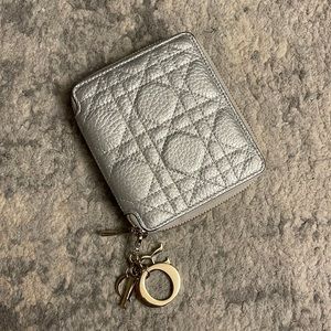 Dior Lady Silver Quilted Cannage Leather Compact Wallet- AUTHENTIC